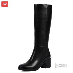 Knee High Boots with Chunky Heel Round Toe Side Zipper Fall Winter Dress Tall